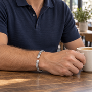 Men's Woven Wire Cuff in Stainless steel – on wrist
