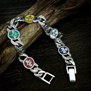 Men's Five Colour Medallion Bracelet in Sterling Silver / Multicolour – original engraved curb and coloured medallion detail