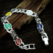 Men's Five Colour Medallion Bracelet in Sterling Silver / Multicolour – original open box clasp and medallion detail