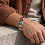Men's Five Colour Medallion Bracelet in Sterling Silver / Multicolour – contextual scene, on wrist with a rust-brown overshirt