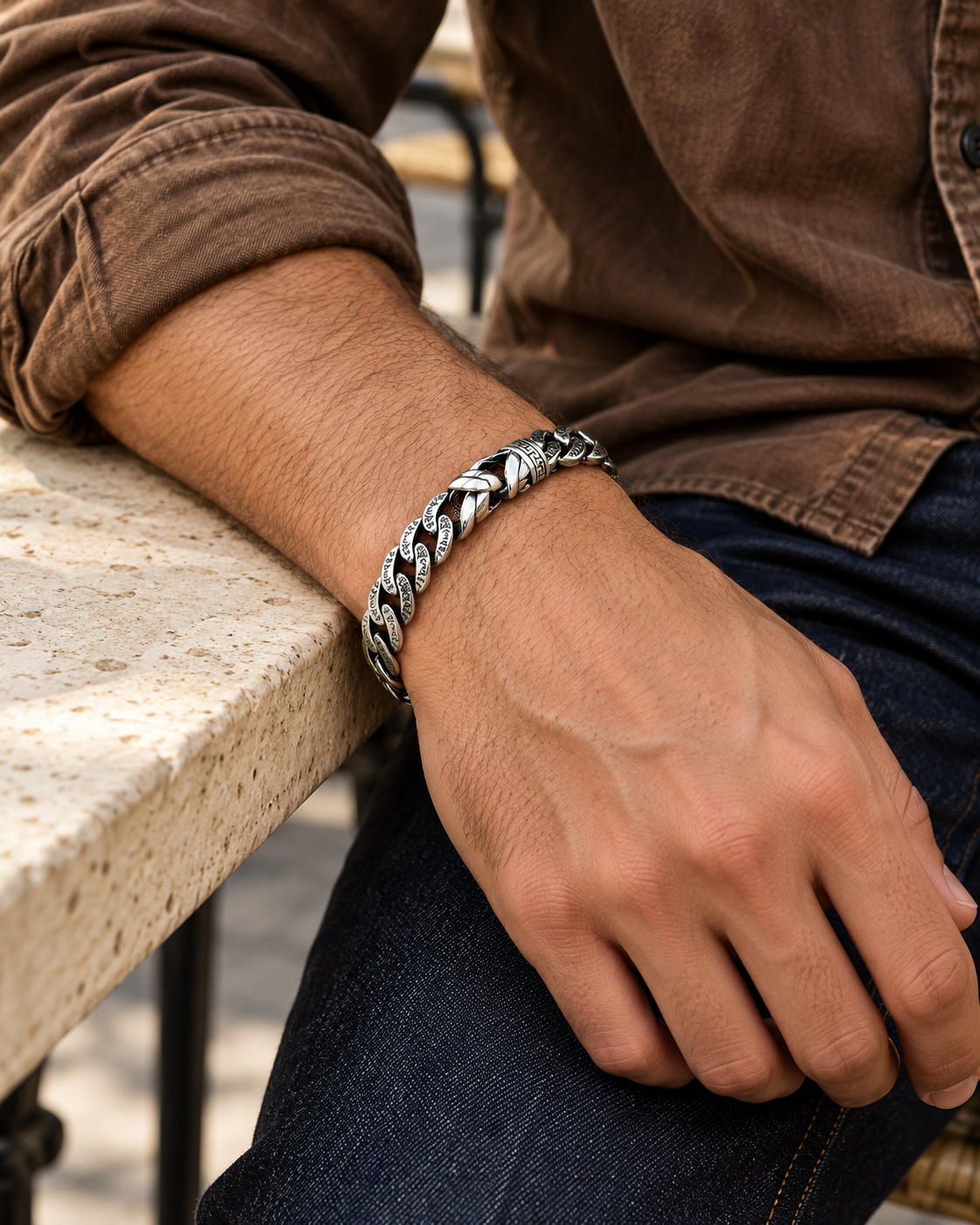 Men's Half Weave Bracelet in Sterling Silver – contextual scene, on wrist