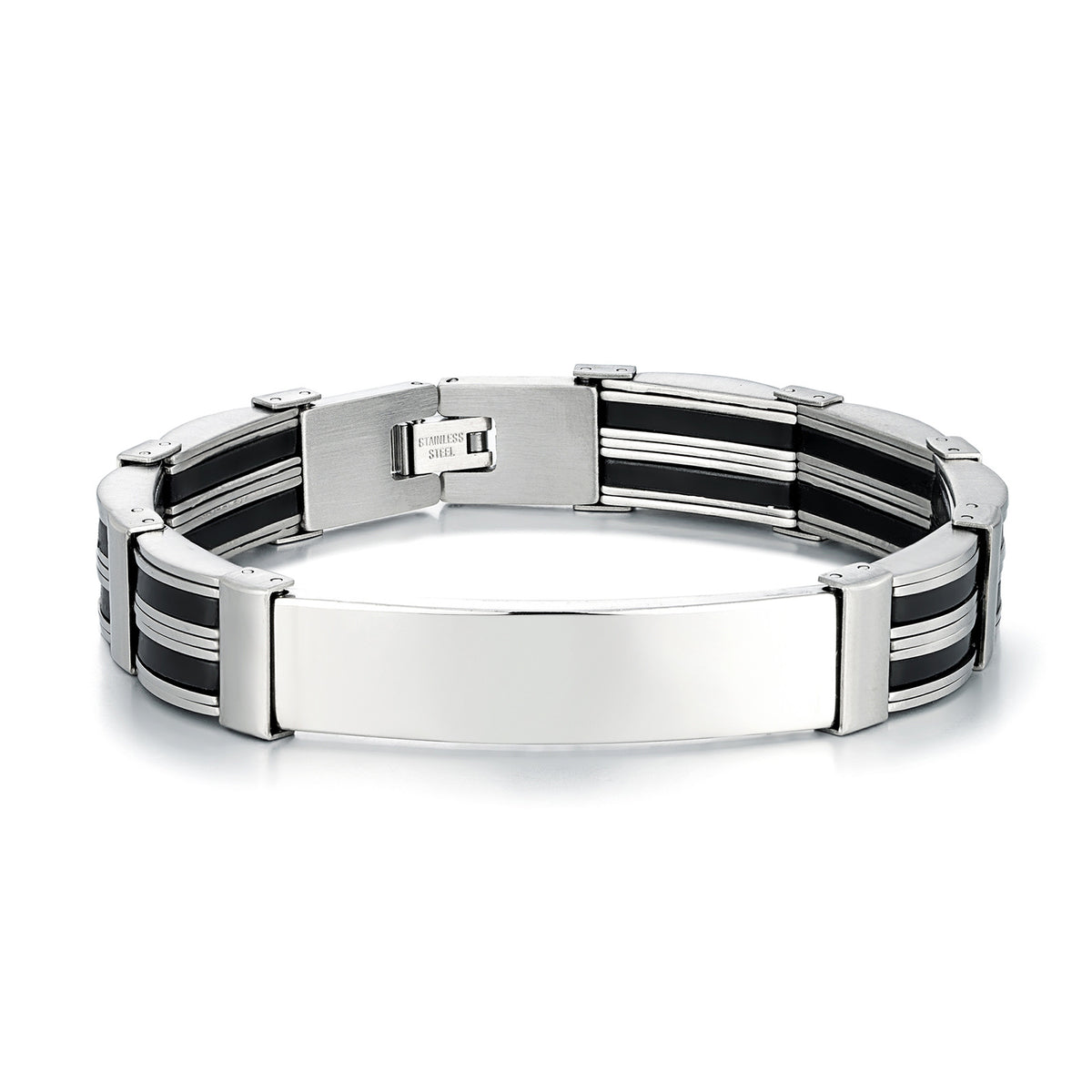 Men's Rail Panel Bracelet in black and silver-tone stainless steel – front view, 12 mm wide