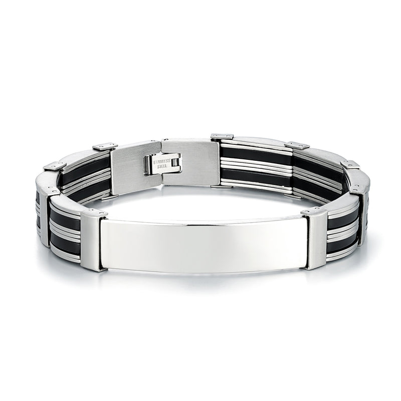 Men's Rail Panel Bracelet in black and silver-tone stainless steel – front view, 12 mm wide