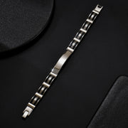 Men's Rail Panel Bracelet in black and silver-tone stainless steel – original flat view of ID bar, channel links and clasp