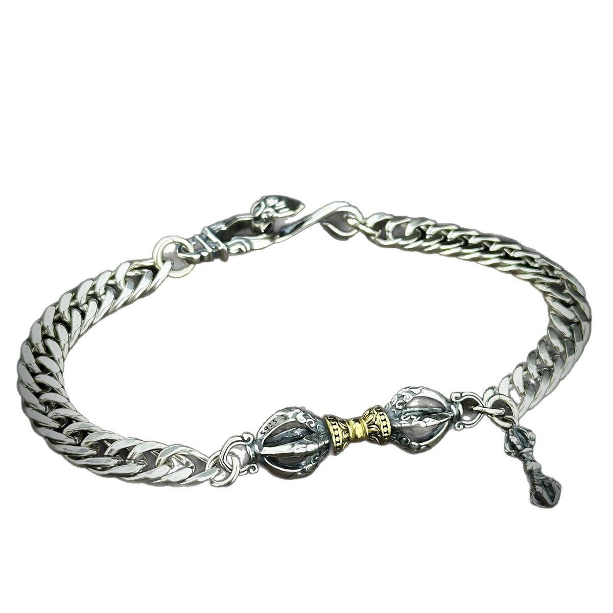 Men's Vajra Centre Sterling Silver Chain Bracelet in 925 Sterling Silver with Gold-Tone Centre Accent – front view