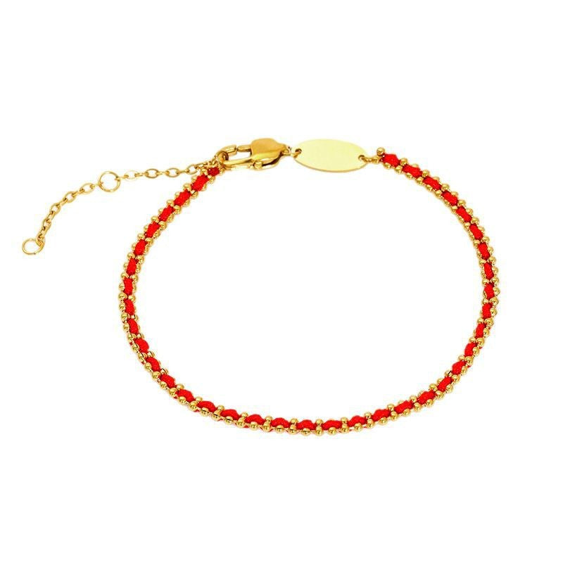 Men's Red Weave Gold Plated Bracelet in 18K Gold Plated Steel and Textile Cord – front view