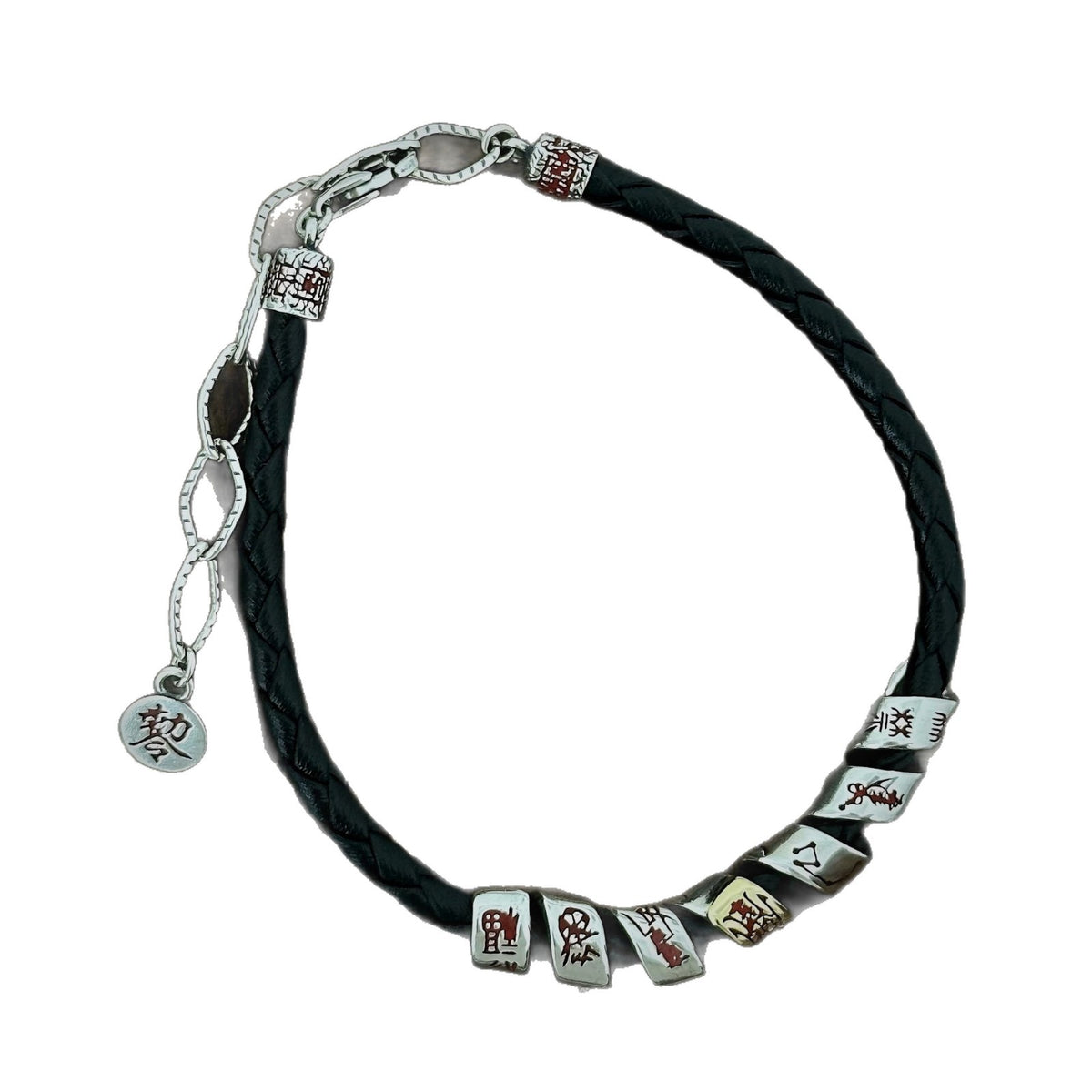 Men's Seven Glyph Braid Bracelet in Sterling Silver and Black Faux Leather – front view