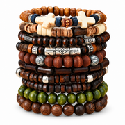 Men's Woodland Ten Bracelet Set in brown wood and coconut shell – front view of all ten bracelets