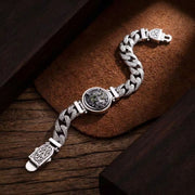 Men's Tiger Medallion Curb Bracelet in Sterling Silver – original open chain and box clasp detail