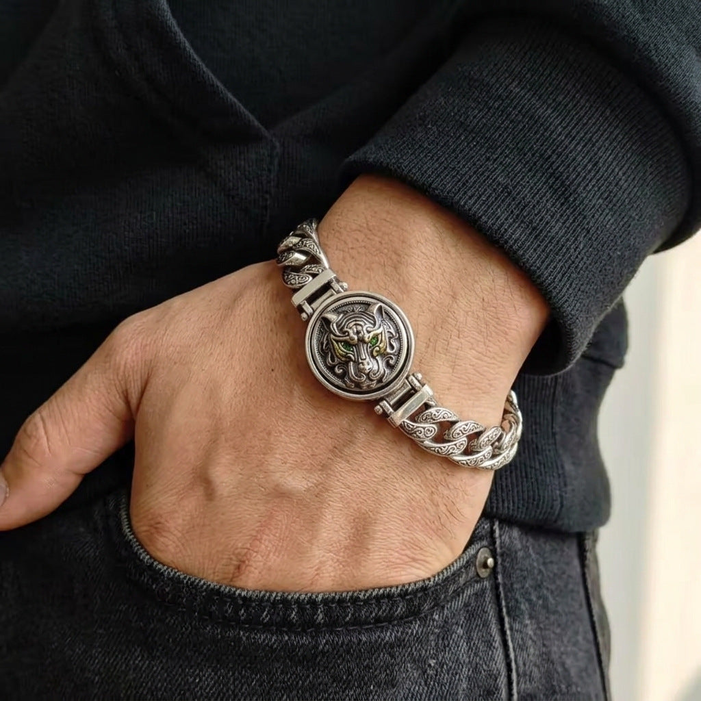 Men's Tiger Medallion Curb Bracelet in Sterling Silver – contextual scene, original on wrist