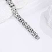 Men's Twin Rail Link Bracelet in Silver-Tone Steel – original rectangular link and fold-over clasp detail