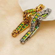 Men's Green Rhythm Link Bracelet in Gold-Tone / Steel-Tone Steel – original close-up of coloured beads and links in both finishes