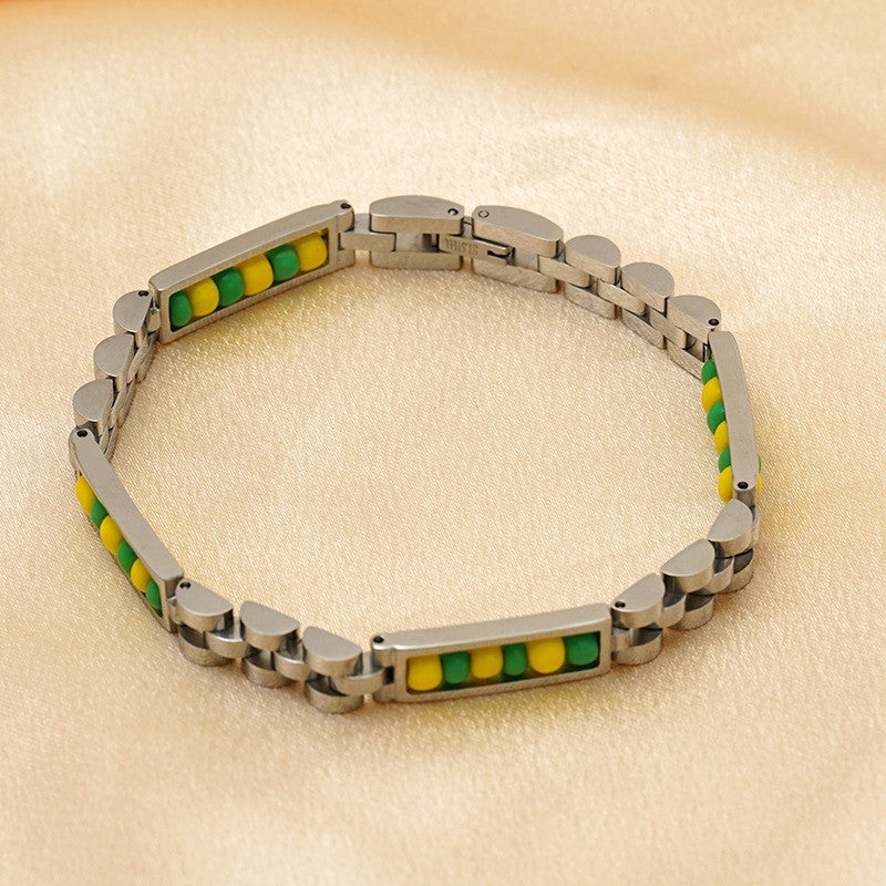 Men's Green Rhythm Link Bracelet in Steel-Tone Steel – steel-tone underside and colour variant view