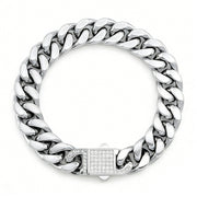 Men's Pavé Lock Cuban Bracelet in silver-tone Stainless Steel – front view