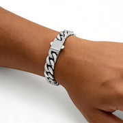 Men's Pavé Lock Cuban Bracelet in silver-tone Stainless Steel – original detail of the clasp on wrist