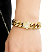 Men's Pavé Lock Cuban Bracelet in gold-tone Stainless Steel – original detail of the clasp on wrist