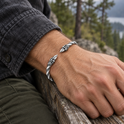 Men's Raven Twist Cuff Bracelet in Steel; Silver-Tone Finish – contextual scene, on wrist