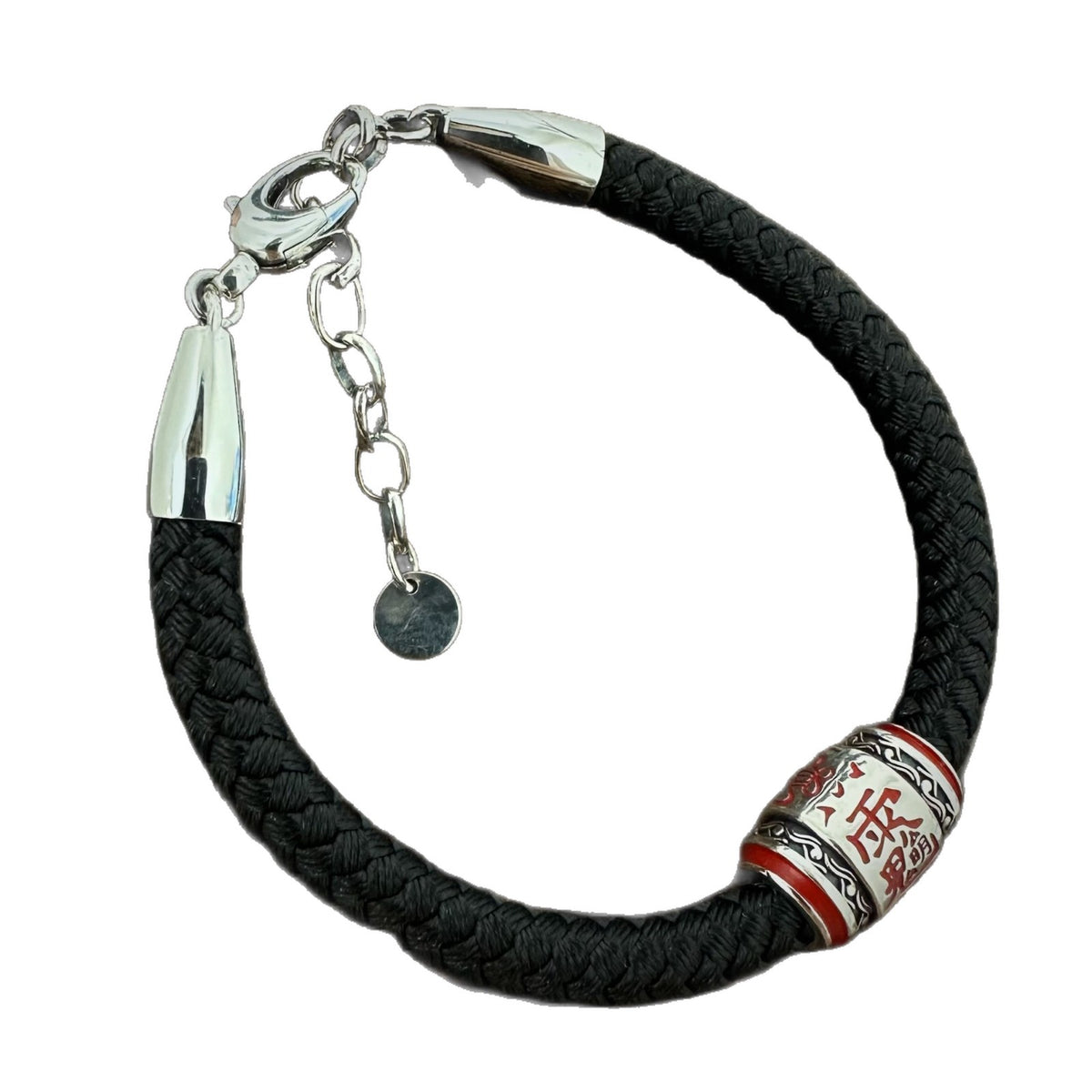 Men's Script Barrel Sterling Silver Cord Bracelet in Sterling Silver and Black Textile Cord – front view