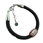 Men's Script Barrel Sterling Silver Cord Bracelet in Sterling Silver and Black Textile Cord – front view
