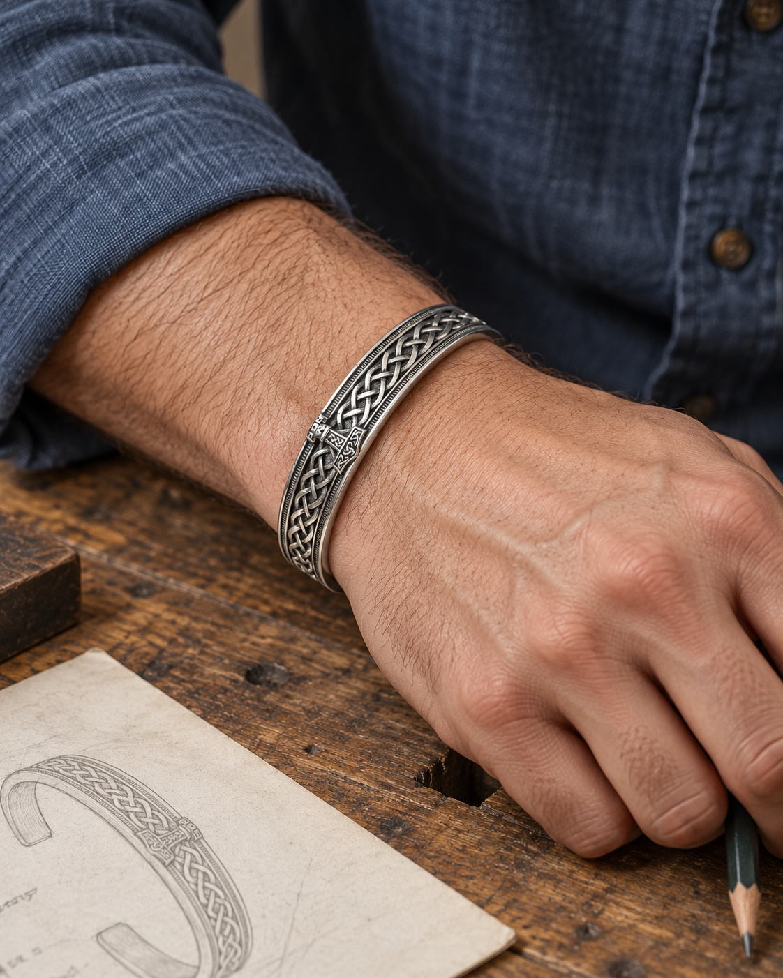 Men's Hammer Knot Cuff in silver-tone Steel – contextual scene, on wrist