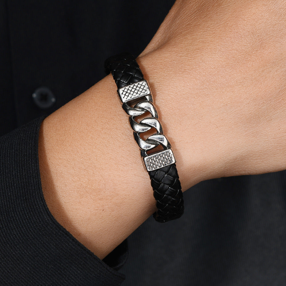 Men's Curb Centre Braid Bracelet in Black – contextual scene, on wrist