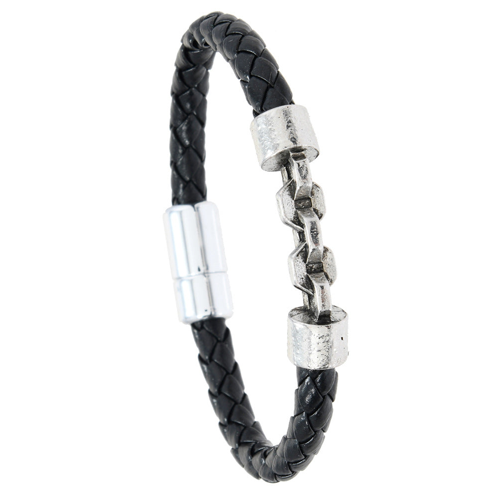 Men's Open Link Leather Braid Bracelet in Black – front view