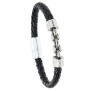 Men's Open Link Leather Braid Bracelet in Black – front view