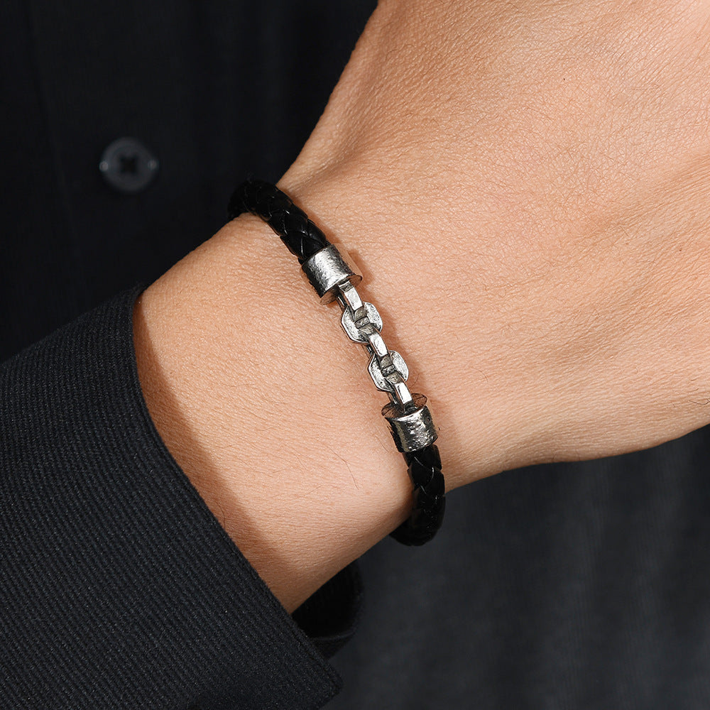 Men's Open Link Leather Braid Bracelet in Black – contextual scene, on wrist