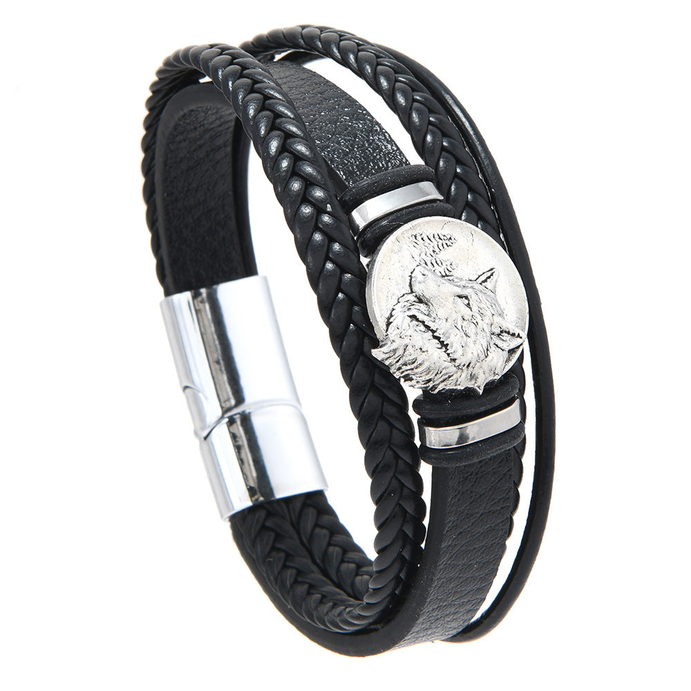 Men's Wolf Medallion Braid Bracelet in Black – front view