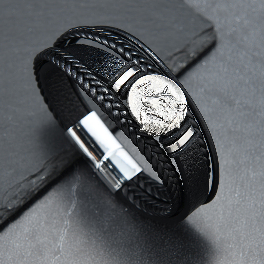 Men's Wolf Medallion Braid Bracelet in Black – original detail