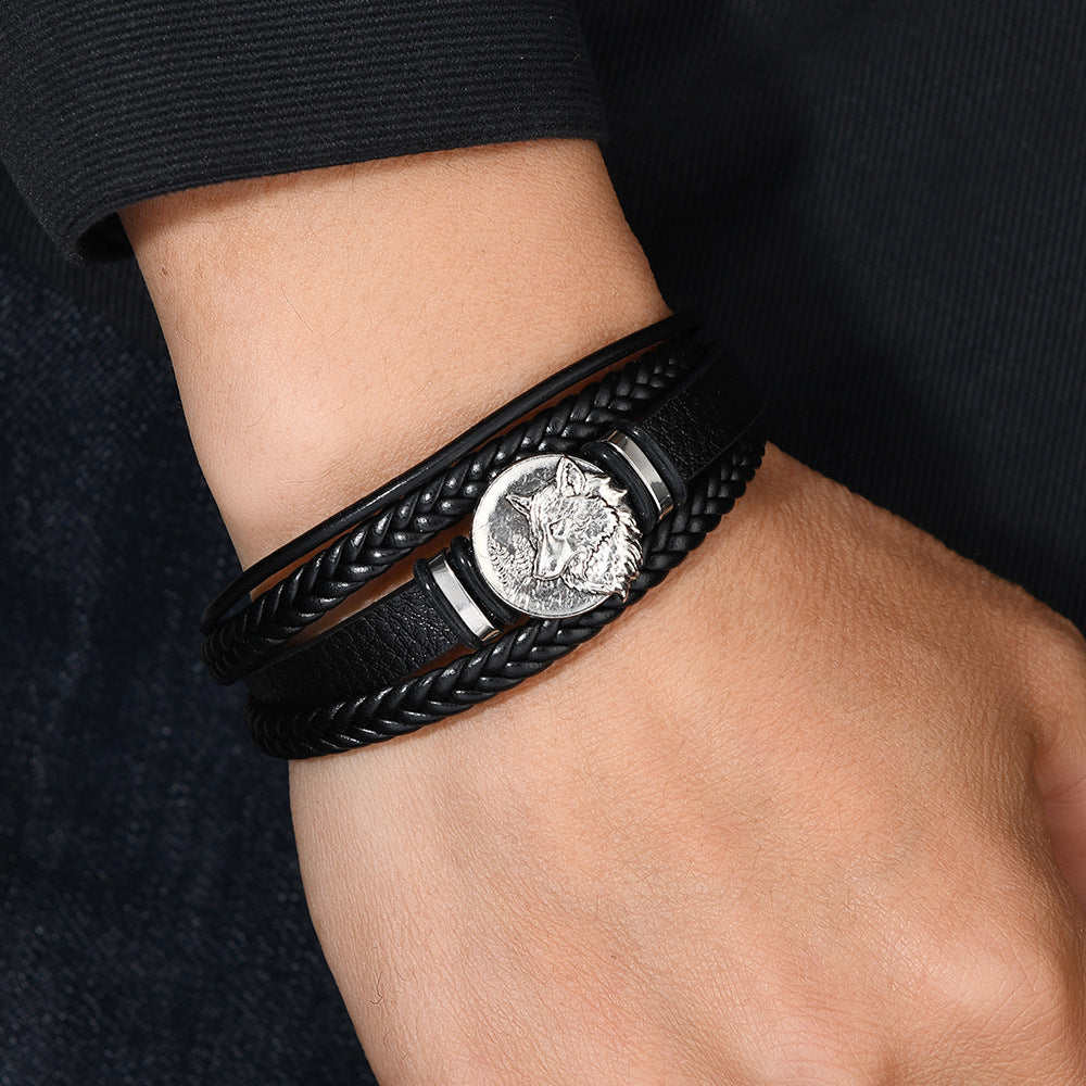 Men's Wolf Medallion Braid Bracelet in Black – contextual scene, on wrist