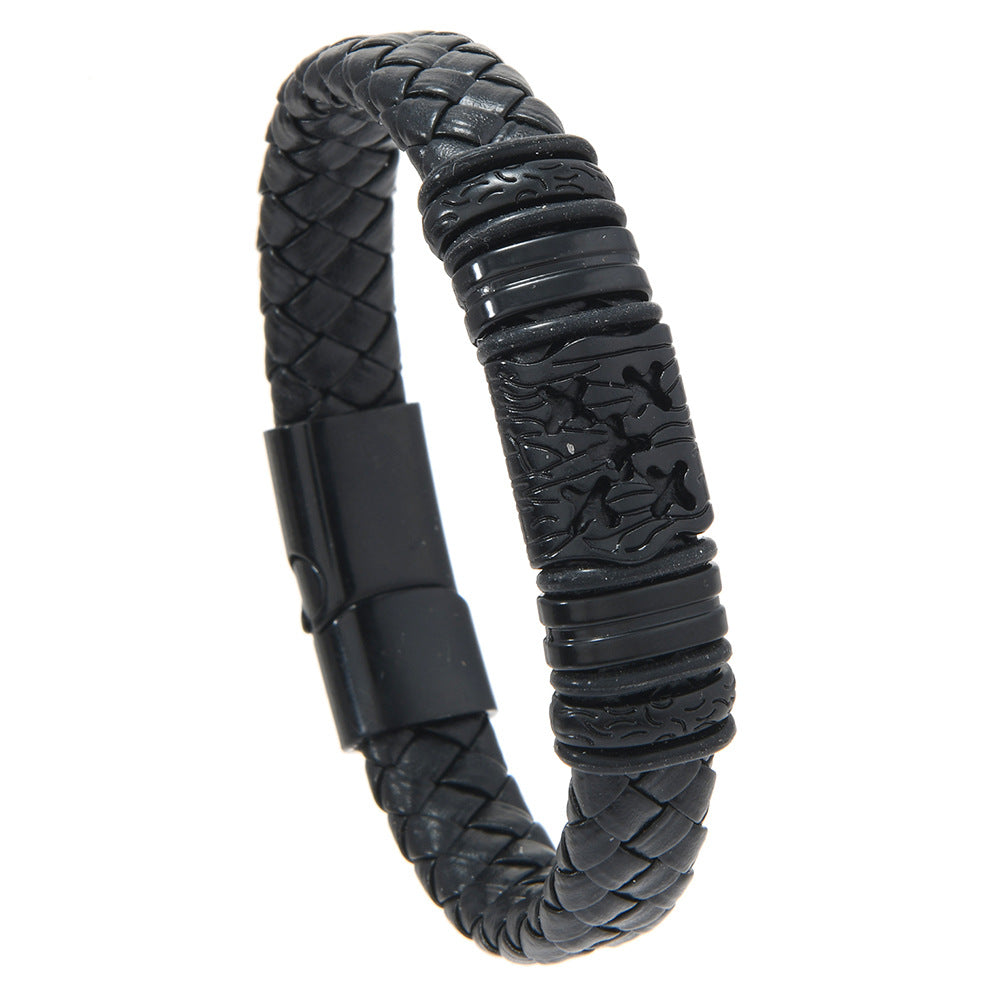 Men's Carved Barrel Braid Bracelet in Black – front view