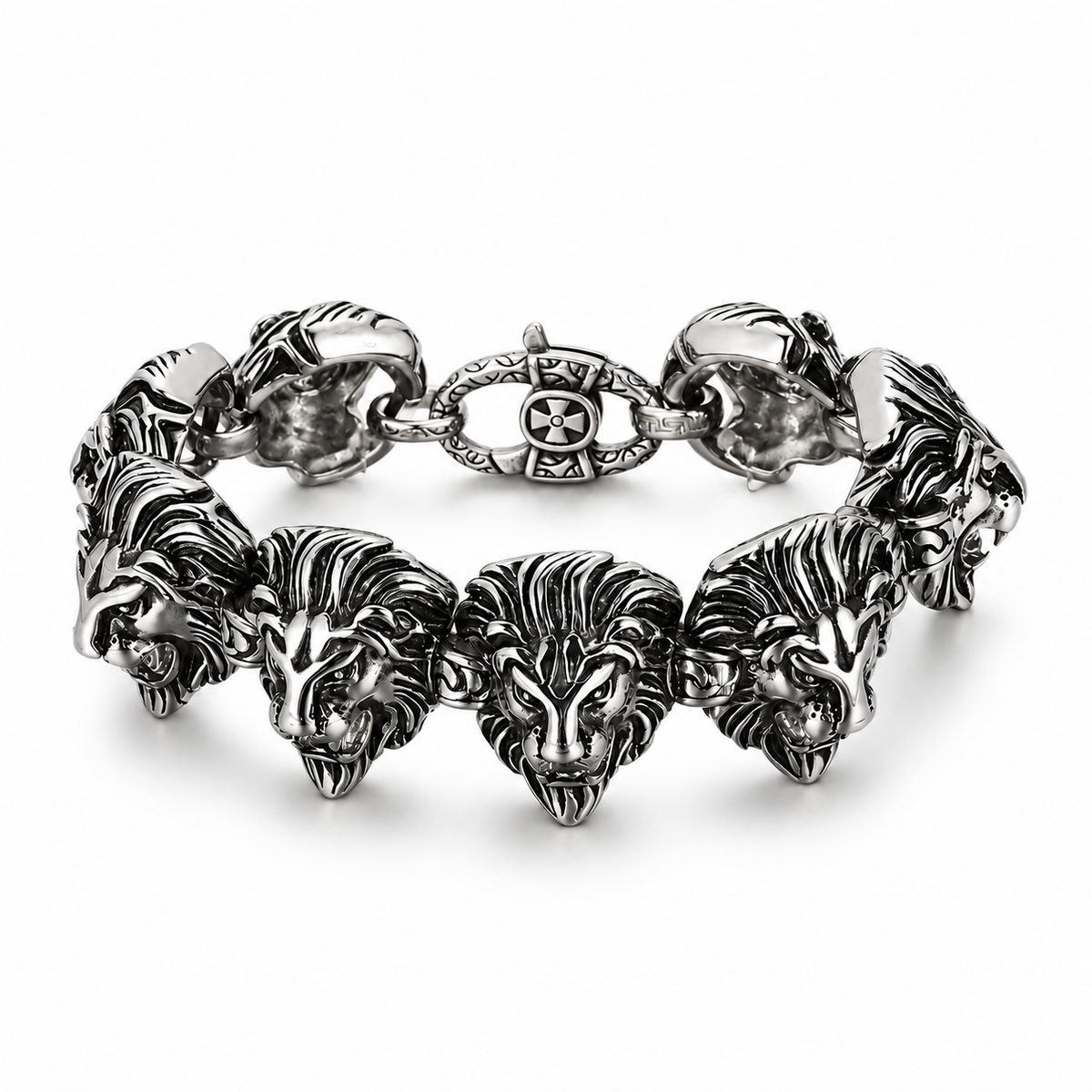 Men's Roaring Mane Link Bracelet in Silver-Tone Steel – front view