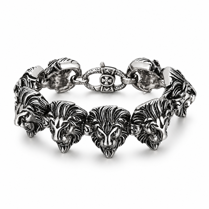 Men's Roaring Mane Link Bracelet in Silver-Tone Stainless Steel – front view