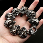 Men's Roaring Mane Link Bracelet in Silver-Tone Steel – original handheld view of lion head links