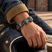 Men's Roaring Mane Link Bracelet in Silver-Tone Steel – contextual scene, on wrist