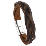 Men's Interlaced Leather Strips Bracelet in Brown – front view