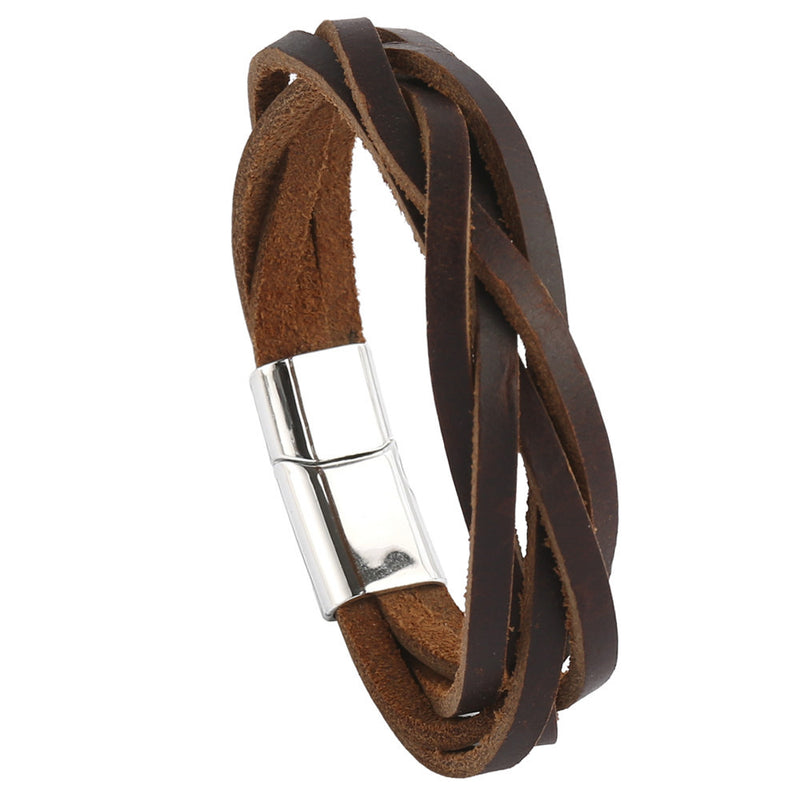 Men's Interlaced Leather Strips Bracelet in Brown – front view