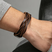 Men's Interlaced Leather Strips Bracelet in Brown – contextual scene, on wrist