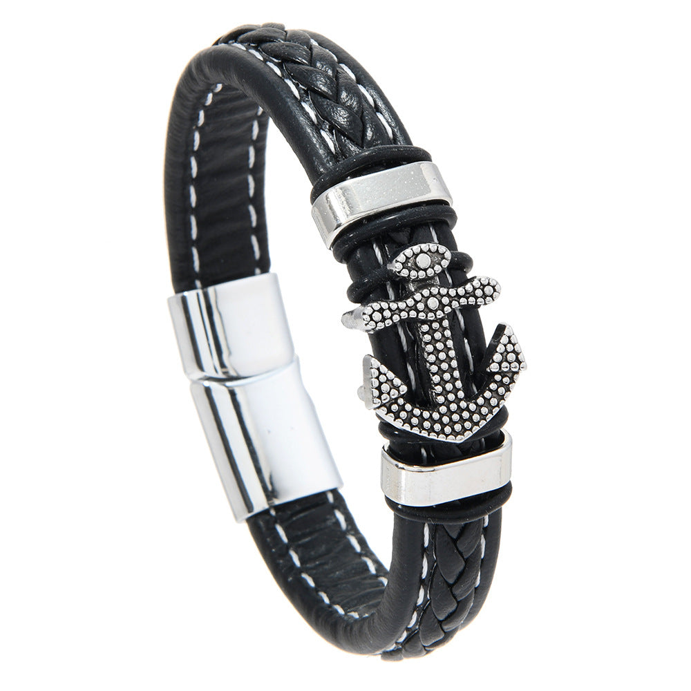 Men's Stitched Anchor Braid Bracelet in Black – front view