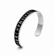 Men's Raised Rune Cuff Bracelet in Steel; Silver-Tone and Black Finish – front view