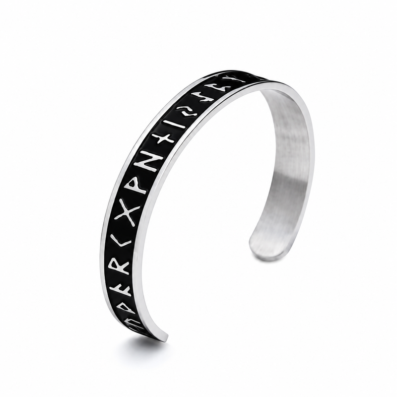 Men's Raised Rune Cuff Bracelet in Steel; Silver-Tone and Black Finish – front view
