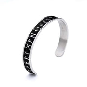 Men's Raised Rune Cuff Bracelet in Steel; Silver-Tone and Black Finish – original open gap and inner band view