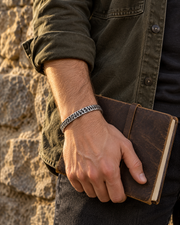 Men's Dragon Scale Cuff in silver-tone Steel – contextual scene, on wrist
