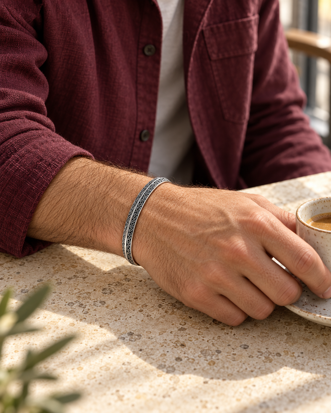 Men's Meander Rail Cuff in silver-tone Steel – contextual scene, on wrist