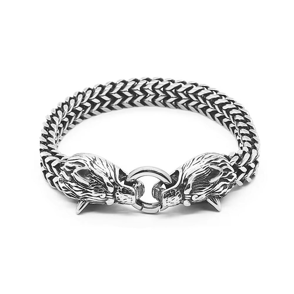 Men's Twin Wolf Ring Bracelet in Silver-Tone Steel – front view