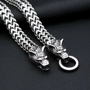 Men's Twin Wolf Ring Bracelet in Silver-Tone Steel – wolf heads and open ring clasp detail