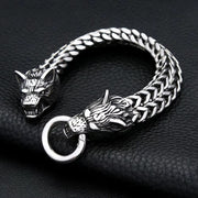Men's Twin Wolf Ring Bracelet in Silver-Tone Steel – side view of the linked body and clasp