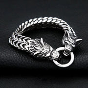 Men's Twin Wolf Ring Bracelet in Silver-Tone Steel – original detail of the wolf heads and linked body