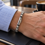 Men's Squared Link Bracelet in Sterling Silver – contextual scene, on wrist with blue shirt